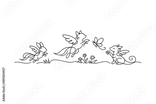 "Enchanted spring creatures". Minimalistic one-line drawing imaginary animals with wings and tails playing in
