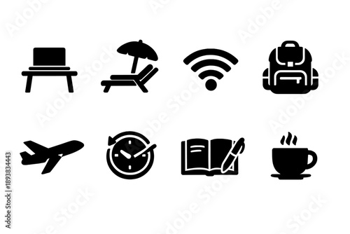 Remote Work Icons. Remote work freedom. Filled icon set of Remote work freedom: laptop on table, beach chair,