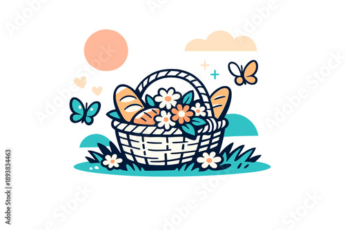 Cottagecore spring morning. A wicker basket filled with bread and flowers resting on green grass, butterflies