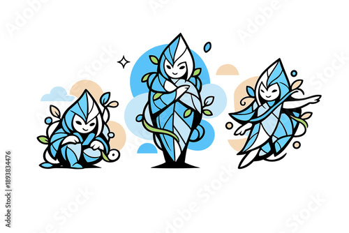 Nature guardians. Leaf-shaped spirits watching over a fresh green forest, vines and buds curling softly around