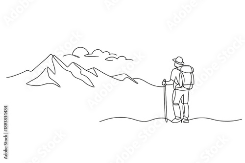 "Mountain hiking: nature escape". Minimalistic one-line drawing of a solitary hiker surrounded by mountains