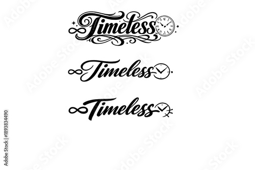 Timeless. Create a calligraphy lettering illustration of the phrase: Timeless. Render 3 variations of this