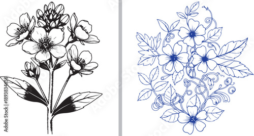 Minimalist botanical vector art featuring wildflower bouquets in a hand-drawn style. Soft green, pink, and tan color blocks accent delicate line-art petals and long, slender stems.