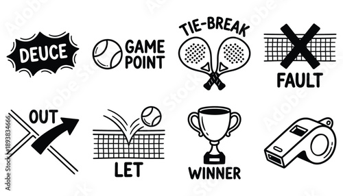 Padel Scoring and Rule Vocabulary Doodle Icons Set