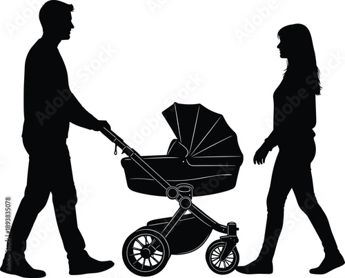 Black silhouette of parents walking with baby stroller, young man and woman pushing infant carriage isolated on white background for family design