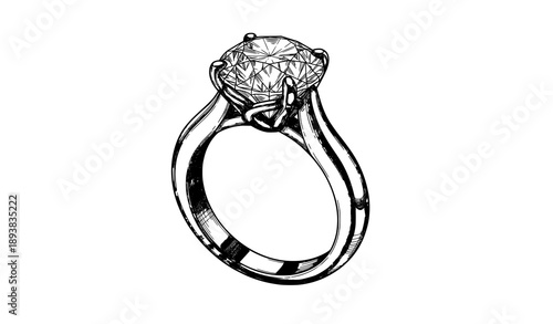 Gold Engagement Ring with Diamond Hand Drawn Sketch Vector