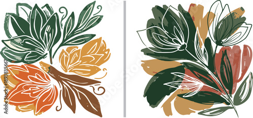 Artistic floral set featuring abstract, layered tulip illustrations in earthy tones of forest green, burnt orange, and mustard yellow with expressive white line overlays.