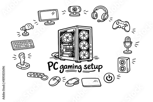 PC gaming setup. Hand-drawn doodle illustration of PC gaming setup. In the middle, one slightly larger central