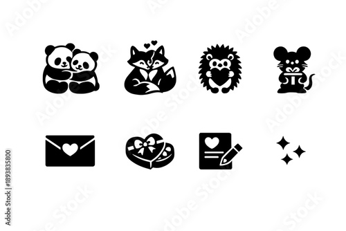 Sweet animal love theme. Filled icon set of Sweet animal love theme: panda hug, fox couple, hedgehog heart,