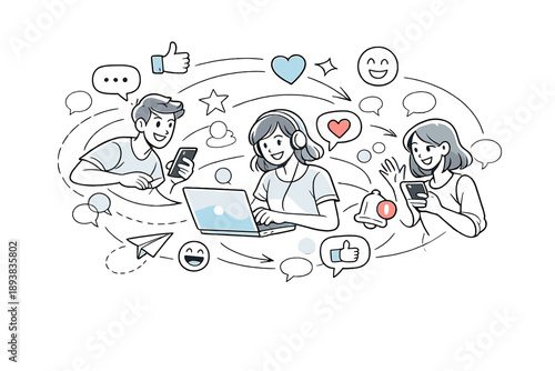 Social Interaction Online. A small group exchanging messages, likes, and reactions orbiting between them.