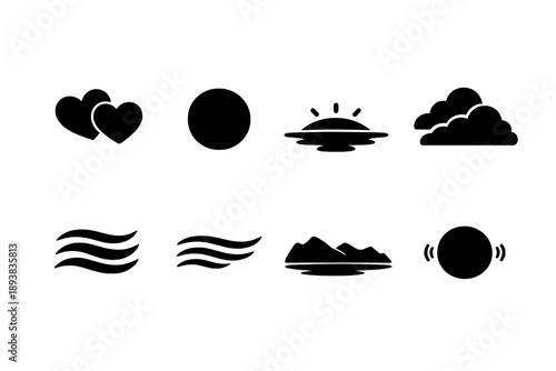 Romantic sunset sky. Filled icon set of Romantic sunset sky: heart cloud pair, sun disk, glowing horizon,