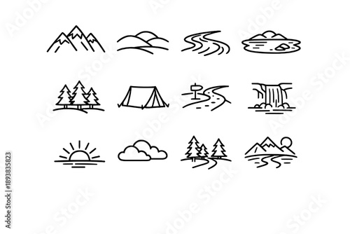 Outdoor and landscape icons. Line outline icon set of Outdoor and landscape icons: mountain peak, hill, river