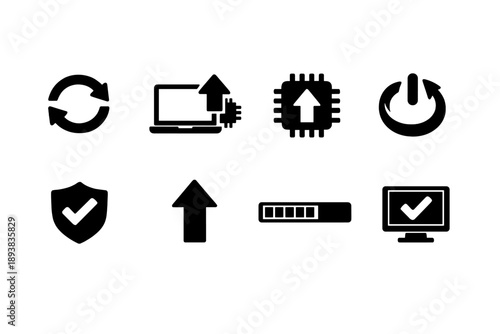 System upgrade symbols. Filled icon set of System upgrade symbols: system refresh, OS upgrade, firmware update