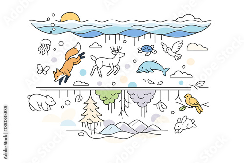 Surreal environmental art: inverted world ecosystem. An upside-down landscape with oceans in the sky and trees