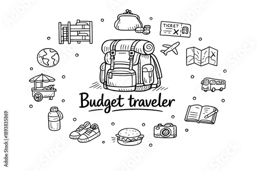 Budget traveler. Hand-drawn doodle illustration of Budget traveler. In the middle, one slightly larger central