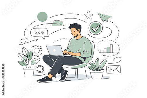 Focused calm workspace. A professional sitting comfortably with plants and minimal objects nearby, abstract