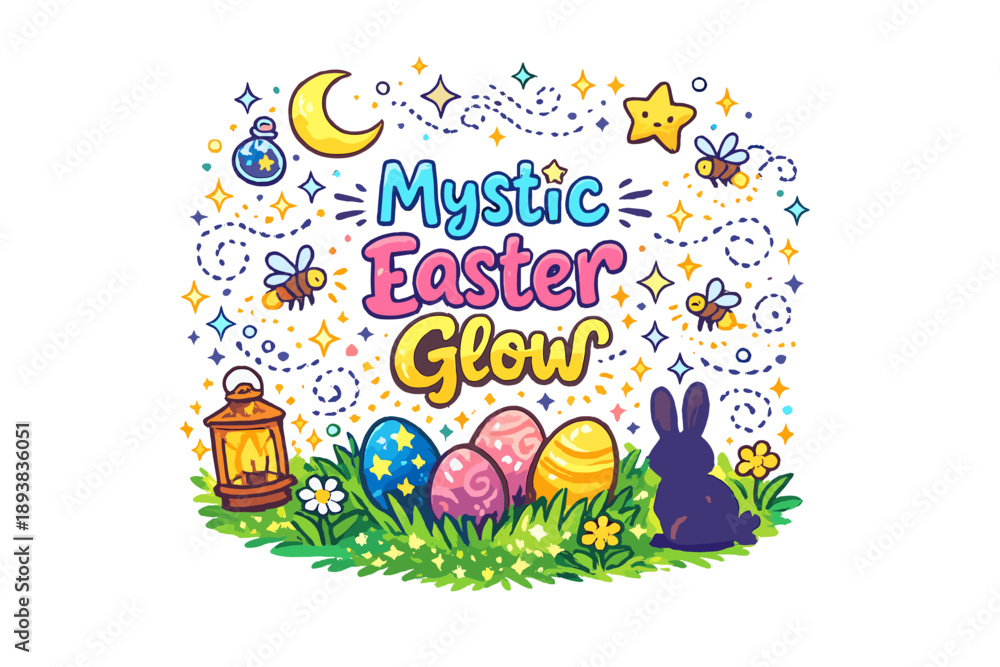 Fototapeta premium Mystic Easter Glow. Hand-drawn doodle illustration of Mystic Easter Glow. Luminous Easter eggs, night sky,