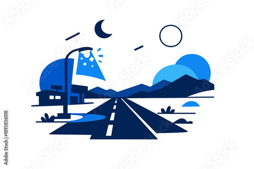 Deserted dusk settlement. Lone streetlamp flickering on, empty road leading into darkness, mountains fading