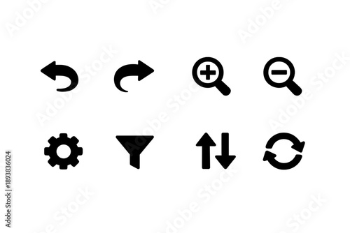 Action Toolbar. Filled icon set of Action Toolbar: undo, redo, zoom in, zoom out, settings, filter, sort,
