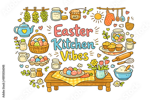 Easter Kitchen Vibes. Hand-drawn doodle illustration of Easter Kitchen Vibes. pastel Easter eggs, cozy table,
