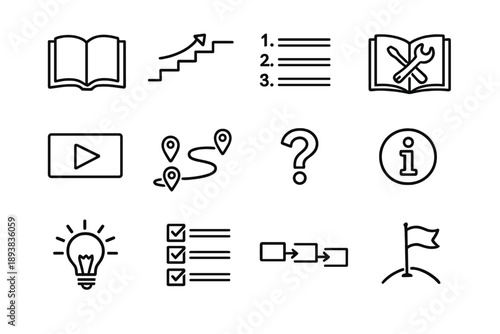 Tutorial and guide symbols. Line outline icon set of Tutorial and guide symbols: tutorial book, step by step