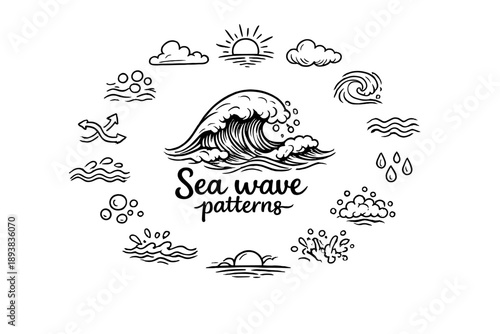 Sea wave patterns. Hand-drawn doodle illustration of Sea wave patterns. In the middle, one slightly larger