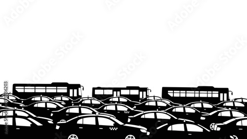 Crowded parking lot with cars and buses
