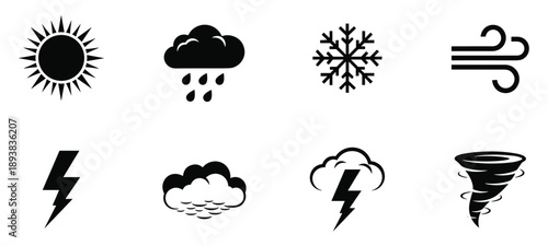 Weather conditions and phenomena icons including sun rain snow and wind vector