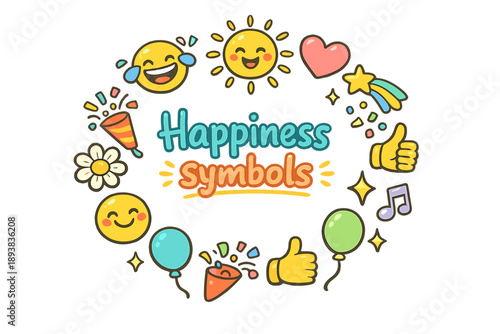 Happiness symbols. Hand drawn illustration of Happiness symbols. laughing face, sun, heart, rainbow, star,