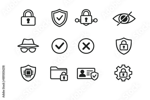 Privacy and protection icons. Line outline icon set of Privacy and protection icons: privacy lock, security