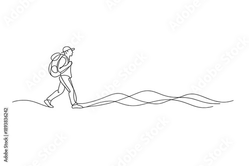 "Traveler with backpack: wanderer spirit". Minimalistic one-line drawing of a walking traveler with backpack