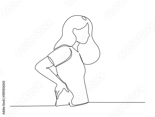 Continuous one line art drawing of woman riding Woman feeling discomfort, holding her lower back. Editable stroke.