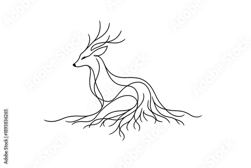 Forest Spirit. Minimalistic one-line drawing animal figure blended with tree roots and organic curves,
