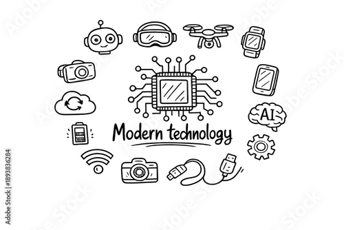 Modern technology. Hand-drawn doodle illustration of Modern technology. In the middle, one slightly larger