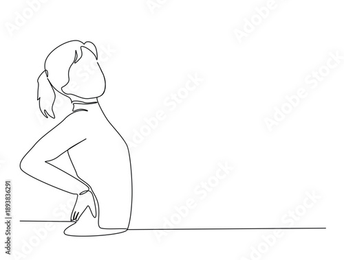 Continuous one line art drawing of woman riding Woman feeling discomfort, holding her lower back. Editable stroke.