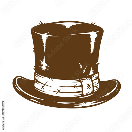 Brown top hat with white band and barbed wire details on white background  isolated hat