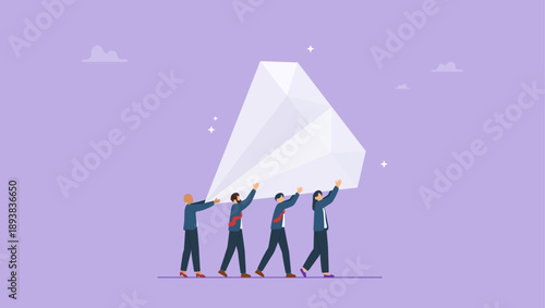 Diverse business people employees help carry big valuable diamond. Core value or value proposition, CLV customer lifetime value or company valuation, profit or corporate worth.