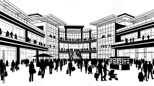 Busy shopping mall with people walking around the building