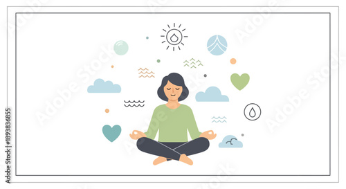 Woman meditating with peaceful symbols around her