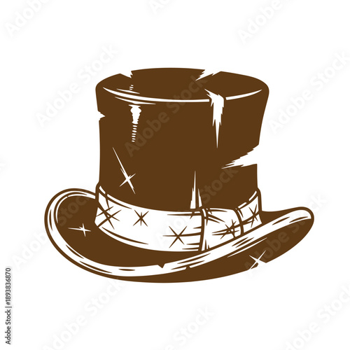 Brown top hat with white band and star designs isolated on white background