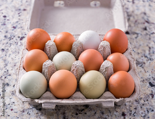 Dozen of multi-colored free range eggs in a gray carton on a granite kitchen counter surface