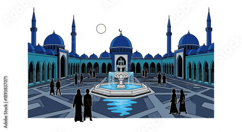 Nighttime Mosque Courtyard with Fountain and Worshipers