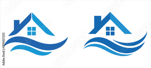 Modern house logo with blue waves and gradient effect vector illustration.