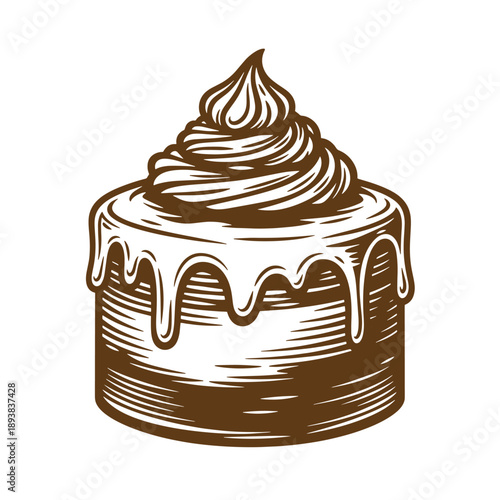 Vintage Grunge texture A brown cake with white icing and a dollop on top isolated on white background