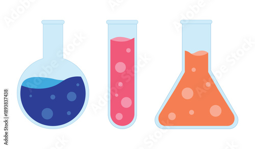 Set of chemistry flasks. Colorful lab bottles for science, experiment or school projects.