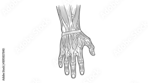 Detailed anatomical illustration of a human hand with wrist tourniquet