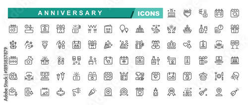 Anniversary icon set. Contain linear sign fun, happy, celebration, present, event, festival, entertainment and more. Thin web icons. Editable stroke. Vector collection. Event icon.