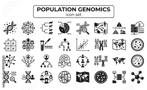 Population Genomics Genetic Diversity Evolutionary Genetics Variation Studies Ancestry Analysis Large-Scale Genomics Vector Icon Set - Population Genetics