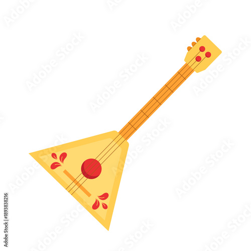 Russian folk instrument balalaika. Triangular wooden traditional musical instrument with three strings. Vector cartoon illustration on a white background.