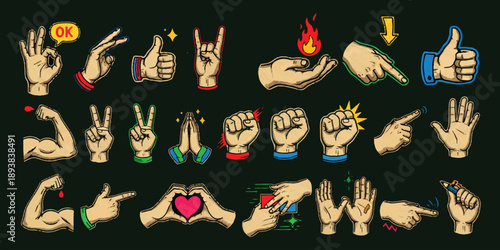 A vibrant collection of hand gestures and symbols in pop art style illustration
